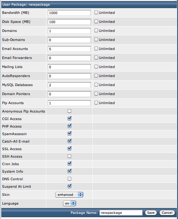 DirectAdmin Add User Package screen. DirectAdmin Add User Package screen.