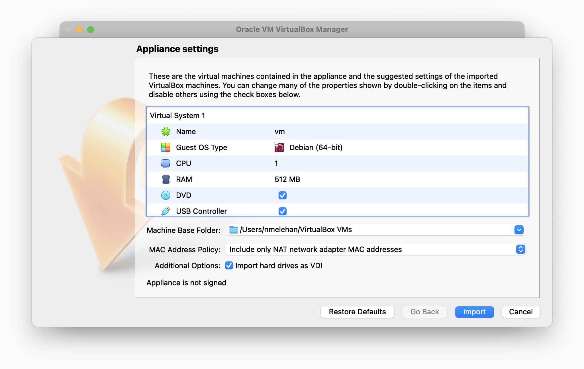 VirtualBox - Import Raven VM Dialog VirtualBox - Import Raven VM Dialog