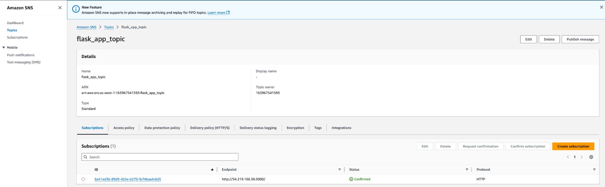 The AWS SNS Console UI showing current topic subscribers.