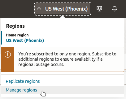 Oracle Cloud console with region selection dropdown open and Manage regions option highlighted. Oracle Cloud console with region selection dropdown open and Manage regions option highlighted.