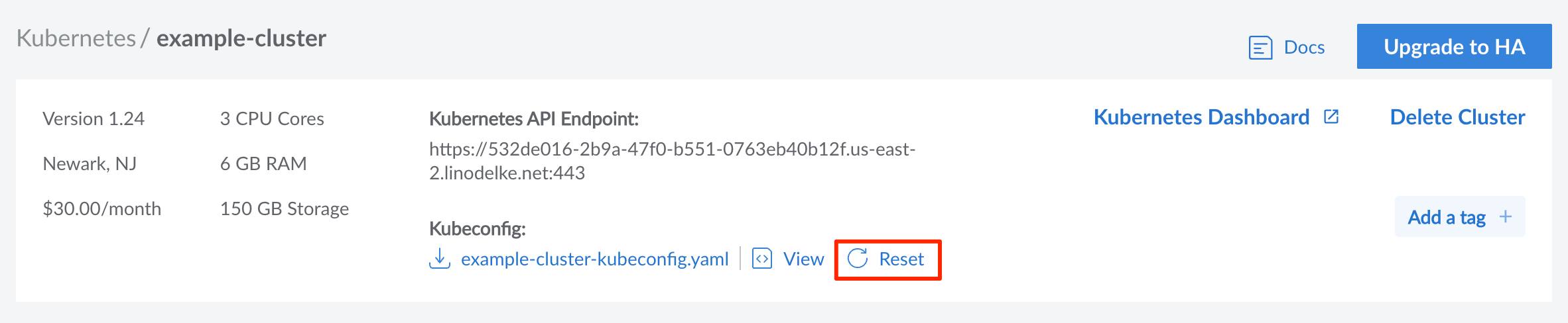 Cluster Kubeconfig Reset Cluster Kubeconfig Reset