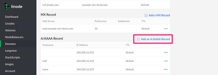 Create a new A record by first click on “Add an A/AAAA Record”